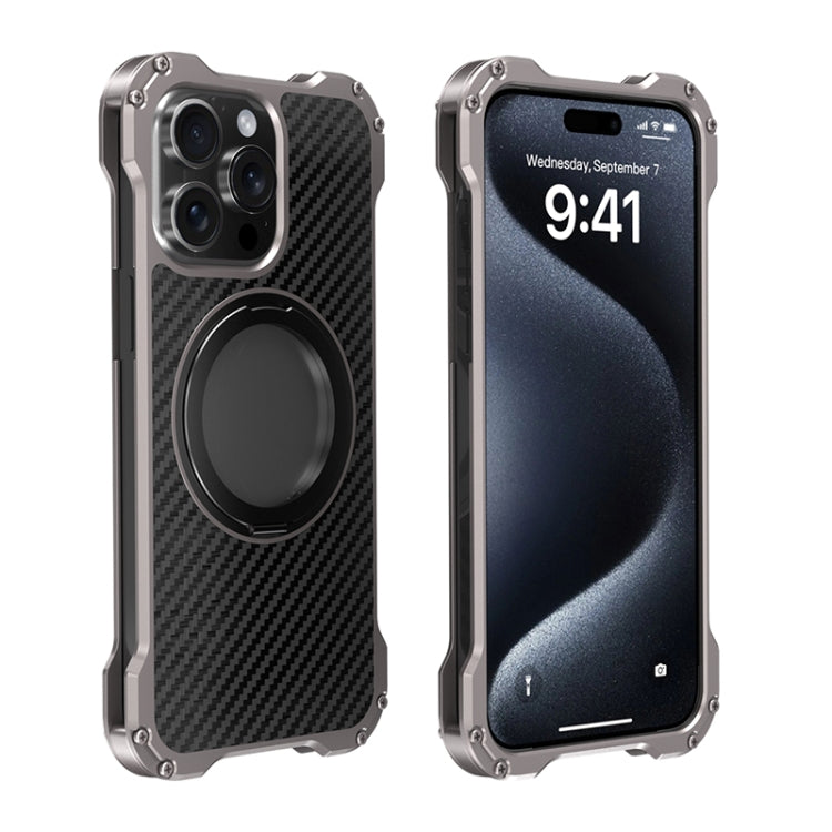 For iPhone 15 Pro Max R-JUST RJ51-1 Hollow Rotating Holder MagSafe Magnetic Metal Phone Case(Silver Grey) - free shipping - PMC TechLife - Order now!