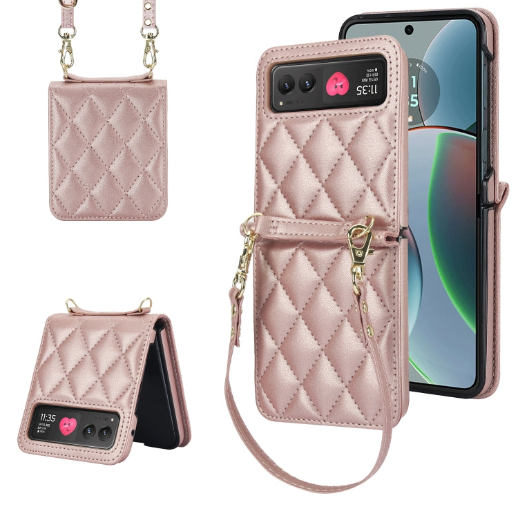For Motorola Razr 40 Rhombic Texture Phone Case with Long & Short Lanyard(Rose Gold) - Motorola Cases by PMC TechLife | Online Shopping South Africa | PMC TechLife | Buy Now Pay Later Mobicred