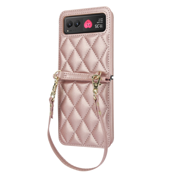For Motorola Razr 40 Rhombic Texture Phone Case with Long & Short Lanyard(Rose Gold) - Motorola Cases by PMC TechLife | Online Shopping South Africa | PMC TechLife | Buy Now Pay Later Mobicred