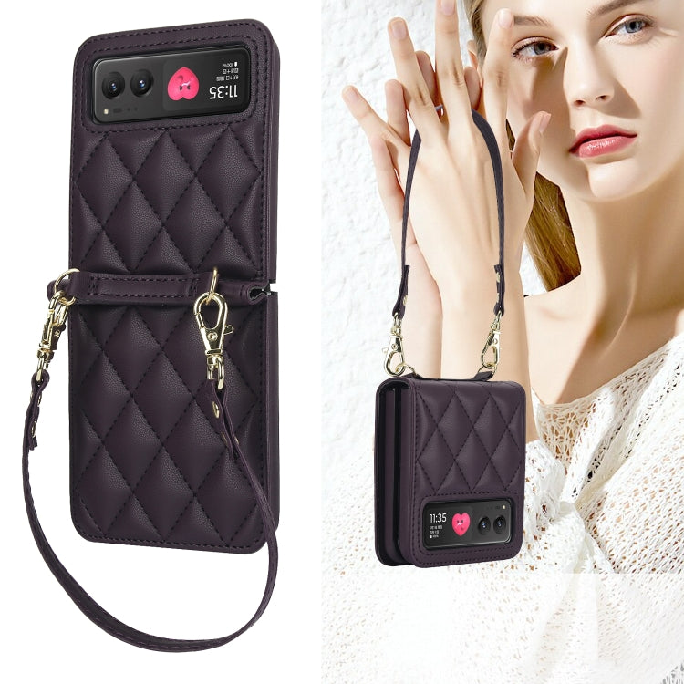 For Motorola Razr 40 Rhombic Texture Phone Case with Long & Short Lanyard(Dark Purple) - free shipping - PMC TechLife - Order now!