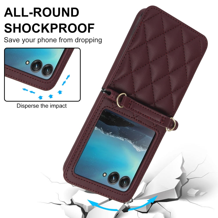 For Motorola Razr 40 Ultra Rhombic Texture Phone Case with Long & Short Lanyard(Wine Red) - Motorola Cases by PMC TechLife | Online Shopping South Africa | PMC TechLife | Buy Now Pay Later Mobicred