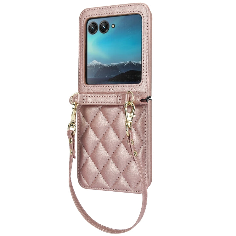For Motorola Razr 40 Ultra Rhombic Texture Phone Case with Long & Short Lanyard(Rose Gold) - Motorola Cases by PMC TechLife | Online Shopping South Africa | PMC TechLife | Buy Now Pay Later Mobicred