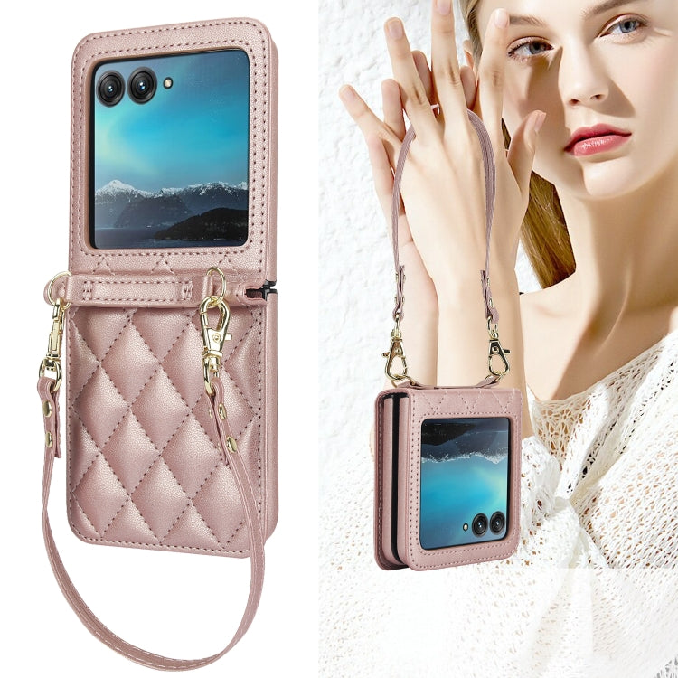 For Motorola Razr 40 Ultra Rhombic Texture Phone Case with Long & Short Lanyard(Rose Gold) - Motorola Cases by PMC TechLife | Online Shopping South Africa | PMC TechLife | Buy Now Pay Later Mobicred