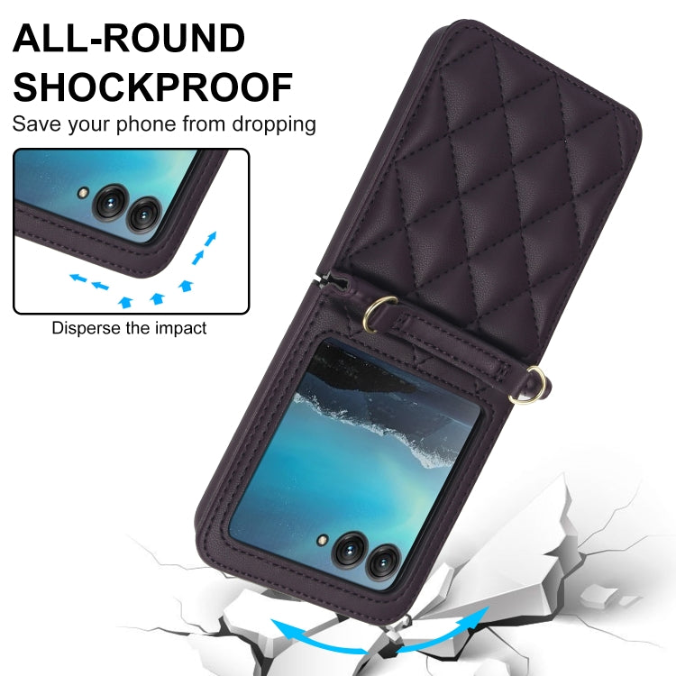 For Motorola Razr 40 Ultra Rhombic Texture Phone Case with Long & Short Lanyard(Dark Purple) - Motorola Cases by PMC TechLife | Online Shopping South Africa | PMC TechLife | Buy Now Pay Later Mobicred