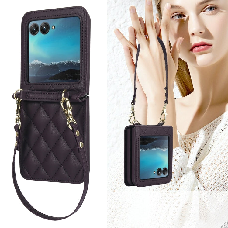 For Motorola Razr 40 Ultra Rhombic Texture Phone Case with Long & Short Lanyard(Dark Purple) - Motorola Cases by PMC TechLife | Online Shopping South Africa | PMC TechLife | Buy Now Pay Later Mobicred