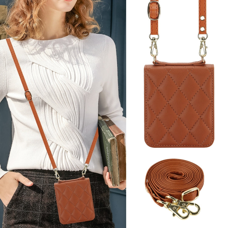 For Motorola Razr 40 Ultra Rhombic Texture Phone Case with Long & Short Lanyard(Brown) - Motorola Cases by PMC TechLife | Online Shopping South Africa | PMC TechLife | Buy Now Pay Later Mobicred