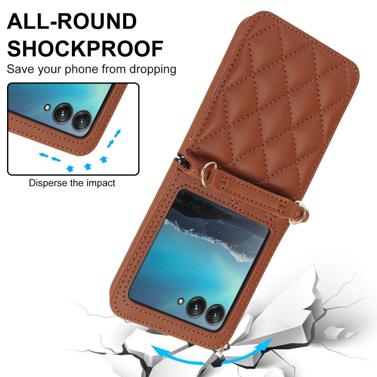 For Motorola Razr 40 Ultra Rhombic Texture Phone Case with Long & Short Lanyard(Brown) - Motorola Cases by PMC TechLife | Online Shopping South Africa | PMC TechLife | Buy Now Pay Later Mobicred