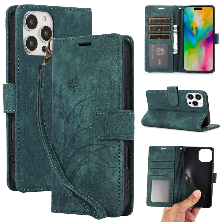 For iPhone 16 Pro Orchid Butterfly Embossed Leather Phone Case(Green) - iPhone 16 Pro Cases by PMC TechLife | Online Shopping South Africa | PMC TechLife | Buy Now Pay Later Mobicred