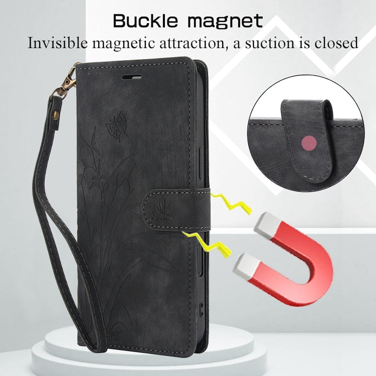 For iPhone 16 Plus Orchid Butterfly Embossed Leather Phone Case(Black) - iPhone 16 Plus Cases by PMC TechLife | Online Shopping South Africa | PMC TechLife | Buy Now Pay Later Mobicred