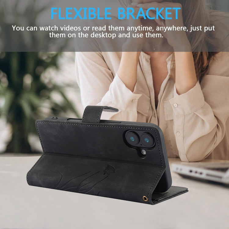 For iPhone 16 Plus Orchid Butterfly Embossed Leather Phone Case(Black) - iPhone 16 Plus Cases by PMC TechLife | Online Shopping South Africa | PMC TechLife | Buy Now Pay Later Mobicred