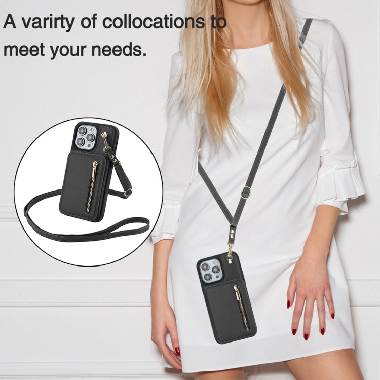 For iPhone 15 Plus YM006 Skin Feel Zipper Card Bag Phone Case with Dual Lanyard(Black) - free shipping - PMC TechLife - Order now!