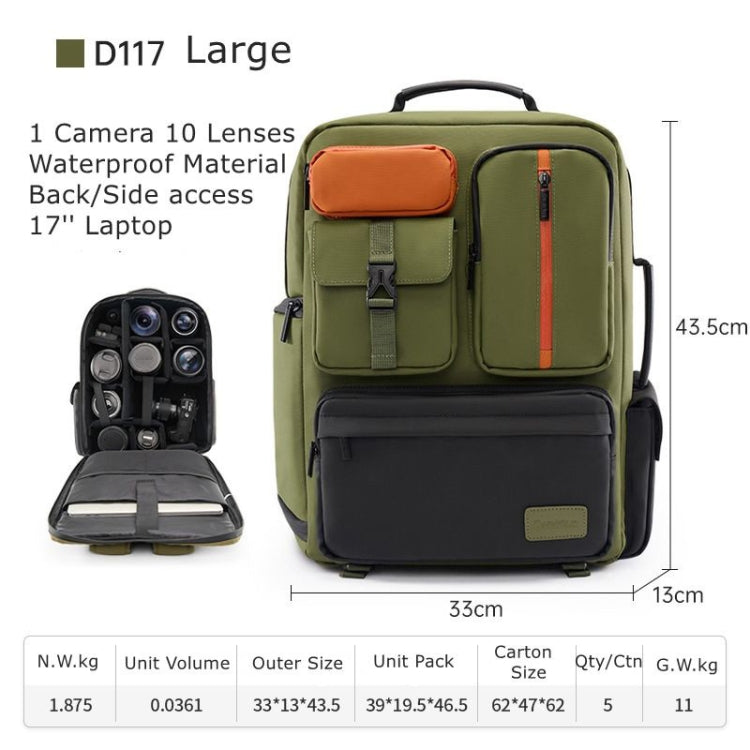 Cwatcun D117 Large Capacity Photography Backpack Shoulders Laptop Camera Bag, Size:43.3 x 33 x 13cm(Army Green) - free shipping - PMC TechLife - Order now!
