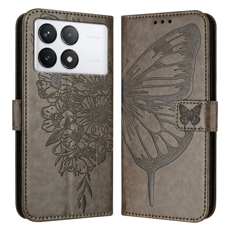 For Xiaomi Redmi K70 / K70 Pro Embossed Butterfly Leather Phone Case(Grey) - Xiaomi Cases by PMC Jewellery | Online Shopping South Africa | PMC Jewellery | Buy Now Pay Later Mobicred