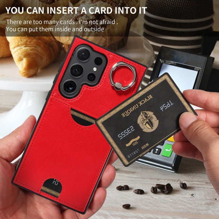 For Samsung Galaxy S24 Ultra 5G Calf Texture Card Slot Ring Holder Phone Case(Red) - Galaxy S24 Ultra 5G Tempered Glass by PMC TechLife | Online Shopping South Africa | PMC TechLife