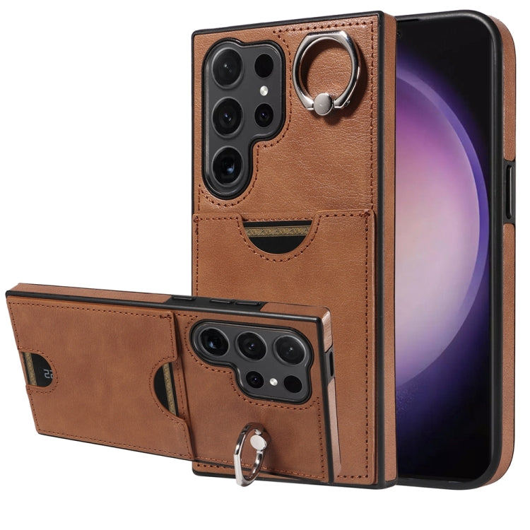 For Samsung Galaxy S24 Ultra 5G Calf Texture Card Slot Ring Holder Phone Case(Brown) - free shipping - PMC TechLife - Order now!