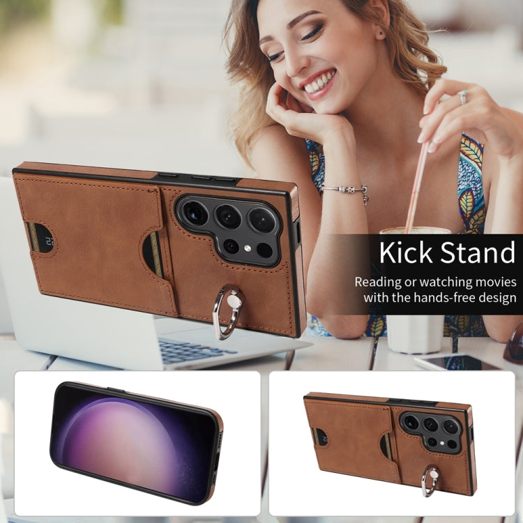 For Samsung Galaxy S24 Ultra 5G Calf Texture Card Slot Ring Holder Phone Case(Brown) - free shipping - PMC TechLife - Order now!