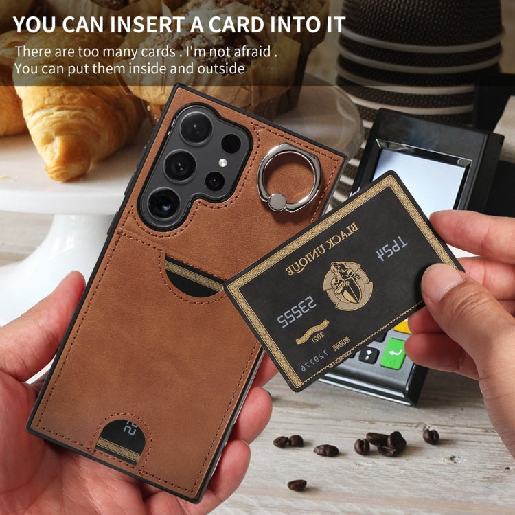 For Samsung Galaxy S24 Ultra 5G Calf Texture Card Slot Ring Holder Phone Case(Brown) - free shipping - PMC TechLife - Order now!