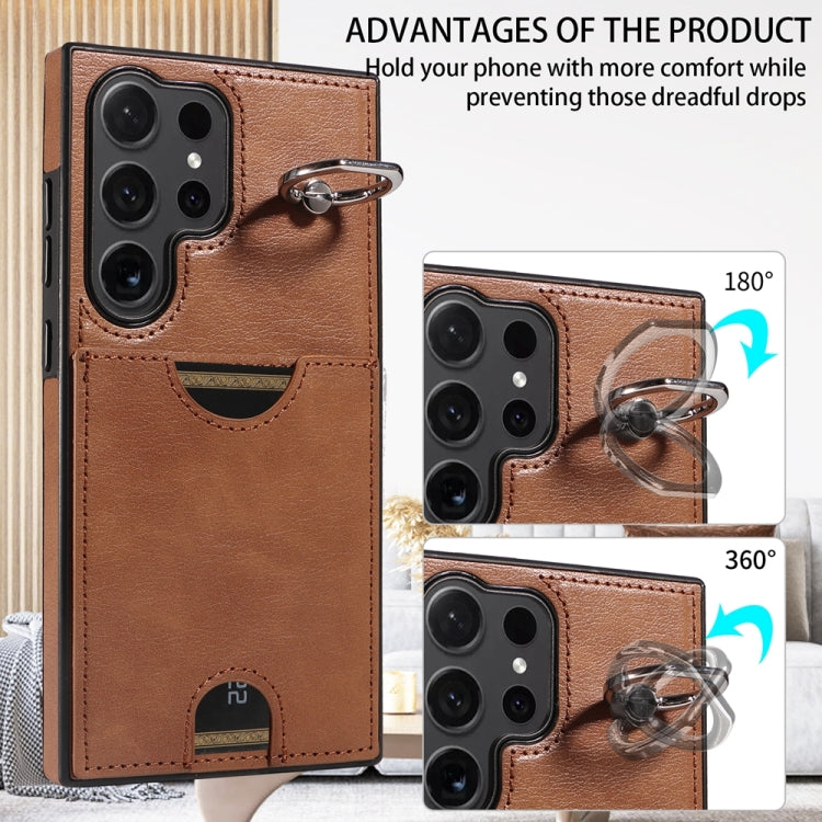 For Samsung Galaxy S24 Ultra 5G Calf Texture Card Slot Ring Holder Phone Case(Brown) - free shipping - PMC TechLife - Order now!