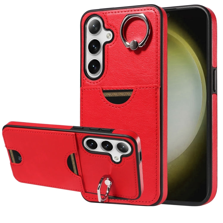 For Samsung Galaxy S24+ 5G Calf Texture Card Slot Ring Holder Phone Case(Red) - Galaxy S24+ 5G Cases by PMC TechLife | Online Shopping South Africa | PMC TechLife