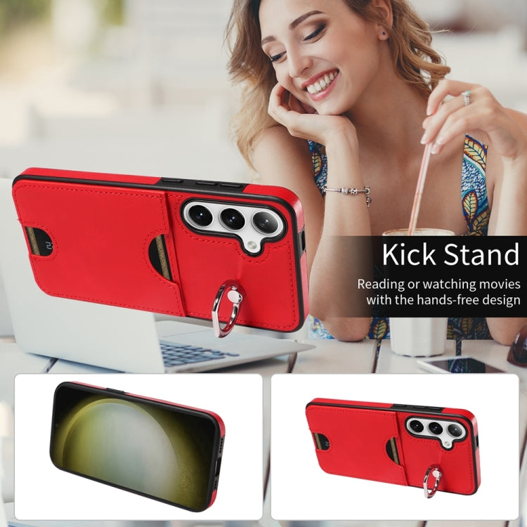 For Samsung Galaxy S24+ 5G Calf Texture Card Slot Ring Holder Phone Case(Red) - Galaxy S24+ 5G Cases by PMC TechLife | Online Shopping South Africa | PMC TechLife