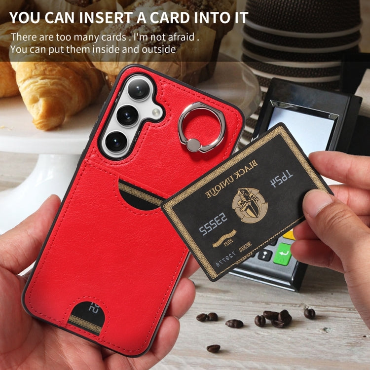 For Samsung Galaxy S24+ 5G Calf Texture Card Slot Ring Holder Phone Case(Red) - Galaxy S24+ 5G Cases by PMC TechLife | Online Shopping South Africa | PMC TechLife