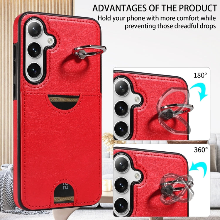 For Samsung Galaxy S24+ 5G Calf Texture Card Slot Ring Holder Phone Case(Red) - Galaxy S24+ 5G Cases by PMC TechLife | Online Shopping South Africa | PMC TechLife
