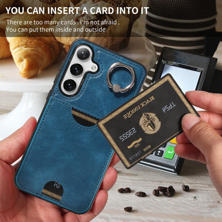 For Samsung Galaxy S24+ 5G Calf Texture Card Slot Ring Holder Phone Case(Blue) - Galaxy S24+ 5G Cases by PMC TechLife | Online Shopping South Africa | PMC TechLife