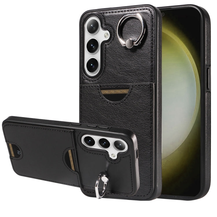 For Samsung Galaxy S24+ 5G Calf Texture Card Slot Ring Holder Phone Case(Black) - Galaxy S24+ 5G Cases by PMC TechLife | Online Shopping South Africa | PMC TechLife