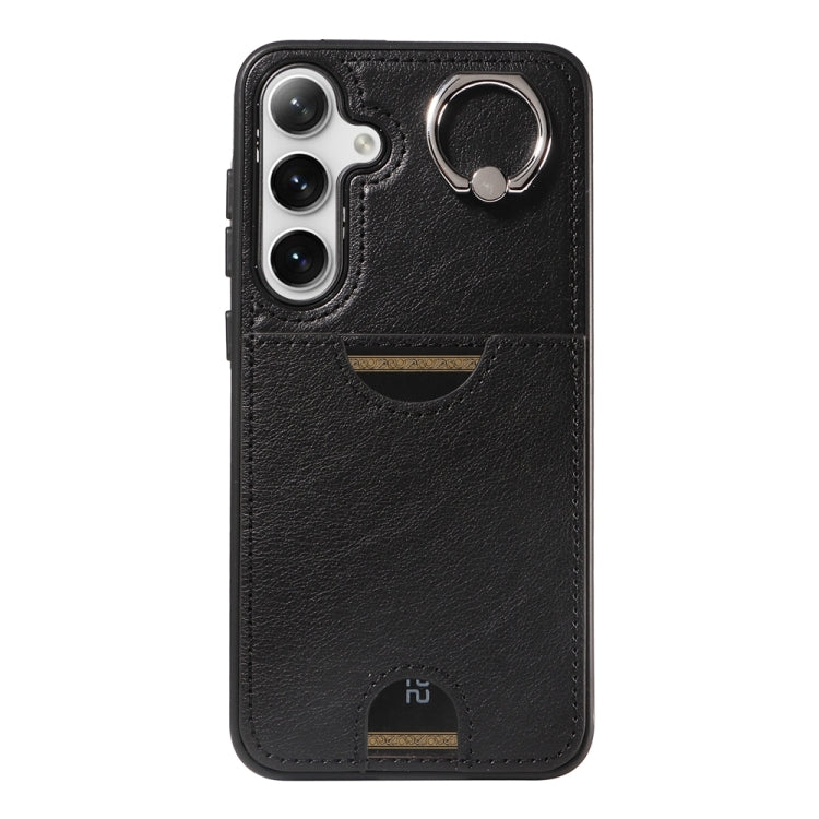 For Samsung Galaxy S24+ 5G Calf Texture Card Slot Ring Holder Phone Case(Black) - Galaxy S24+ 5G Cases by PMC TechLife | Online Shopping South Africa | PMC TechLife