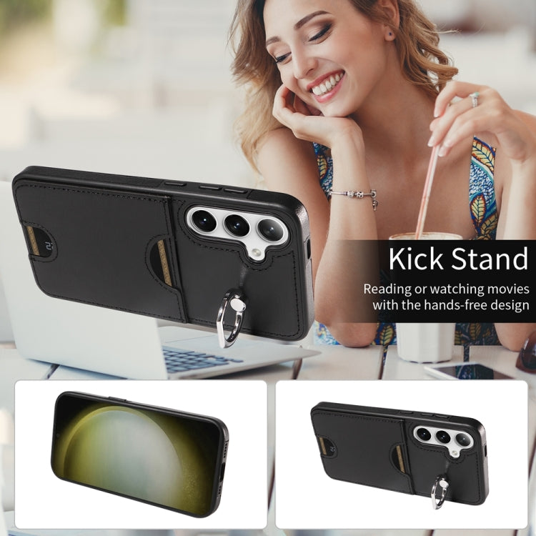 For Samsung Galaxy S24+ 5G Calf Texture Card Slot Ring Holder Phone Case(Black) - Galaxy S24+ 5G Cases by PMC TechLife | Online Shopping South Africa | PMC TechLife