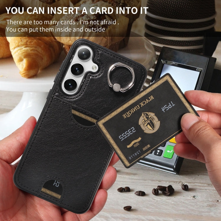 For Samsung Galaxy S24+ 5G Calf Texture Card Slot Ring Holder Phone Case(Black) - Galaxy S24+ 5G Cases by PMC TechLife | Online Shopping South Africa | PMC TechLife