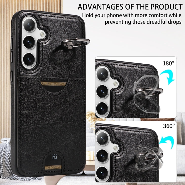 For Samsung Galaxy S24+ 5G Calf Texture Card Slot Ring Holder Phone Case(Black) - Galaxy S24+ 5G Cases by PMC TechLife | Online Shopping South Africa | PMC TechLife