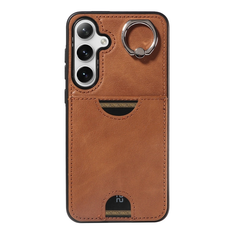 For Samsung Galaxy S24+ 5G Calf Texture Card Slot Ring Holder Phone Case(Brown) - free shipping - PMC TechLife - Order now!