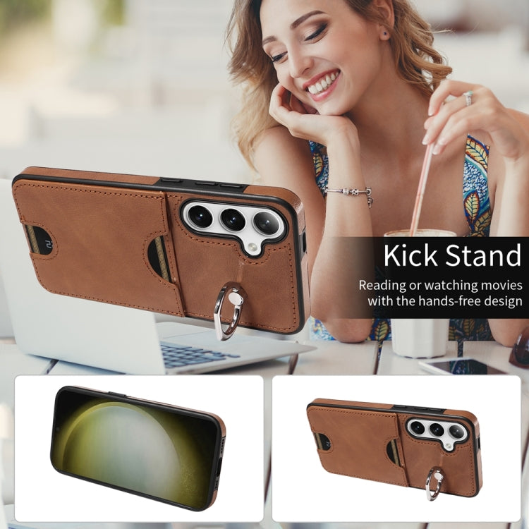 For Samsung Galaxy S24+ 5G Calf Texture Card Slot Ring Holder Phone Case(Brown) - free shipping - PMC TechLife - Order now!