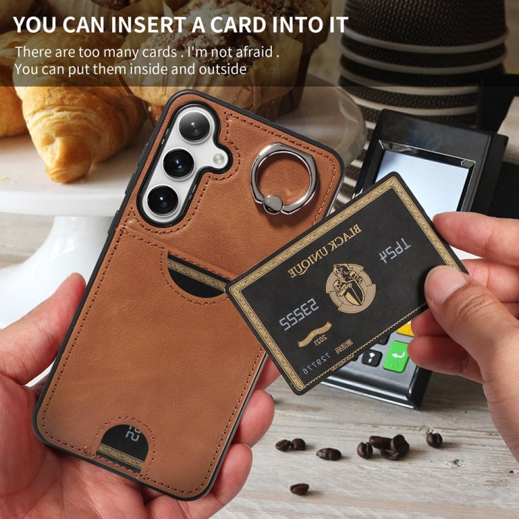 For Samsung Galaxy S24+ 5G Calf Texture Card Slot Ring Holder Phone Case(Brown) - free shipping - PMC TechLife - Order now!