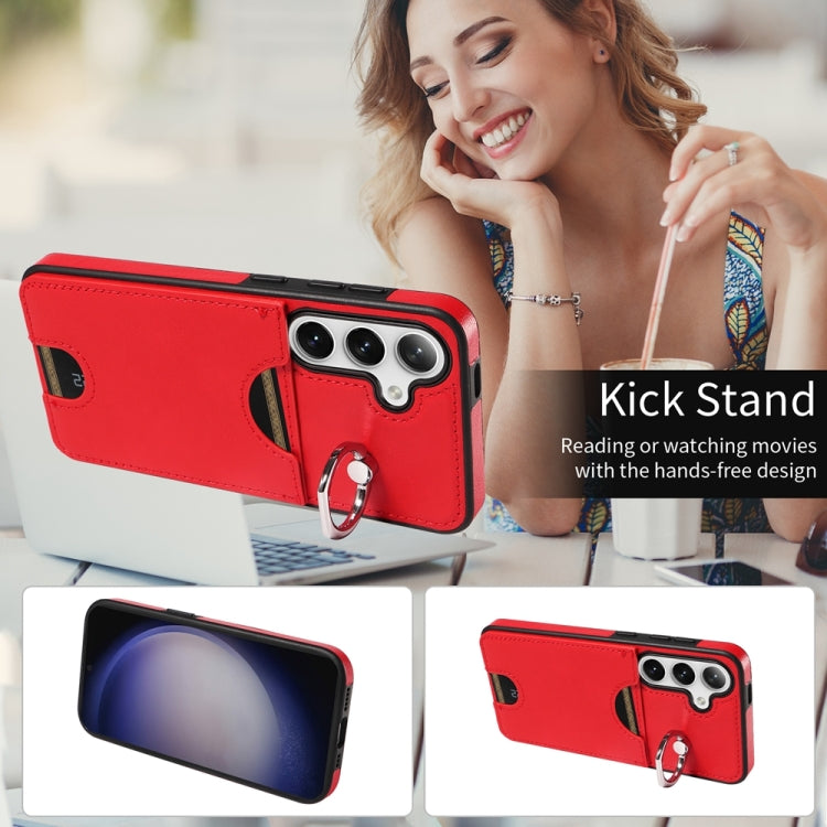 For Samsung Galaxy S24 5G Calf Texture Card Slot Ring Holder Phone Case(Red) - Galaxy S24 5G Cases by PMC TechLife | Online Shopping South Africa | PMC TechLife