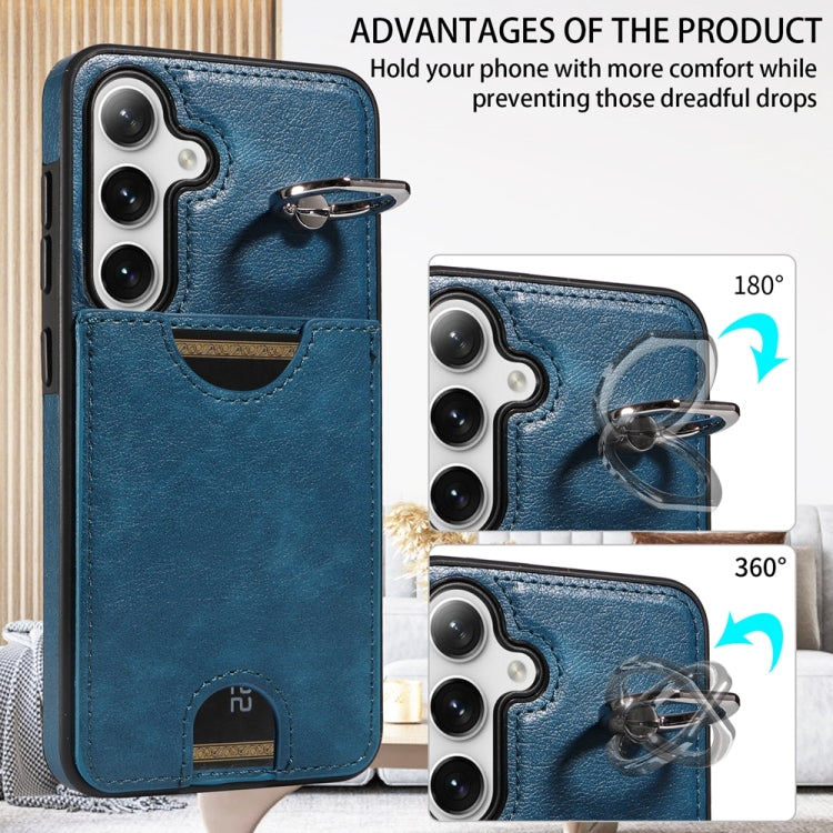 For Samsung Galaxy S24 5G Calf Texture Card Slot Ring Holder Phone Case(Blue) - Galaxy S24 5G Cases by PMC TechLife | Online Shopping South Africa | PMC TechLife