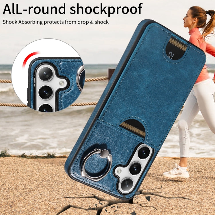 For Samsung Galaxy S24 5G Calf Texture Card Slot Ring Holder Phone Case(Blue) - Galaxy S24 5G Cases by PMC TechLife | Online Shopping South Africa | PMC TechLife