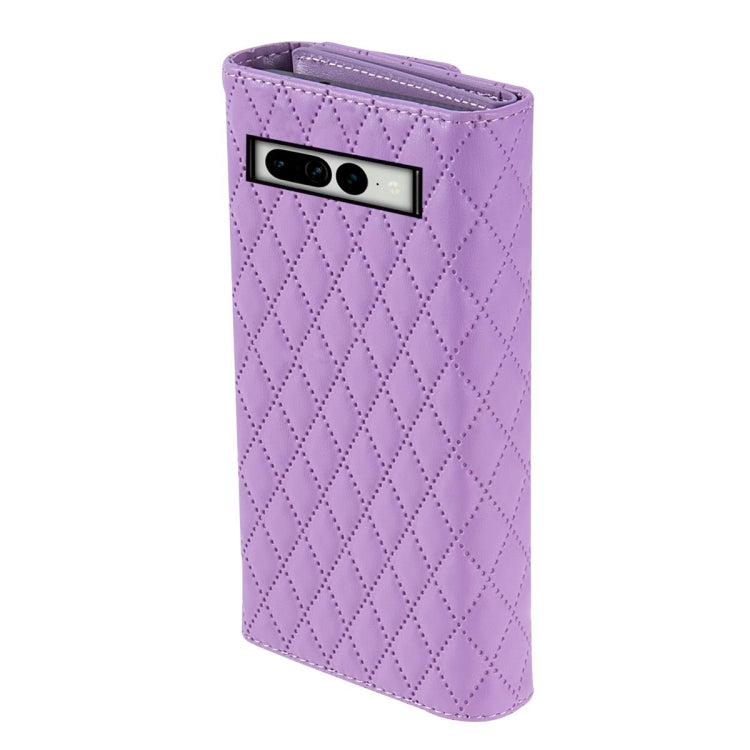 For Google Pixel 8 Zipper Multi-Card Wallet Rhombic Leather Phone Case(Purple) - Google Cases by PMC TechLife | Online Shopping South Africa | PMC TechLife | Buy Now Pay Later Mobicred