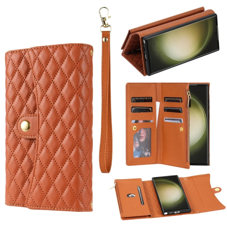 For Samsung Galaxy S23 Ultra 5G Zipper Multi-Card Wallet Rhombic Leather Phone Case(Brown) - Galaxy S23 Ultra 5G Cases by PMC TechLife | Online Shopping South Africa | PMC TechLife