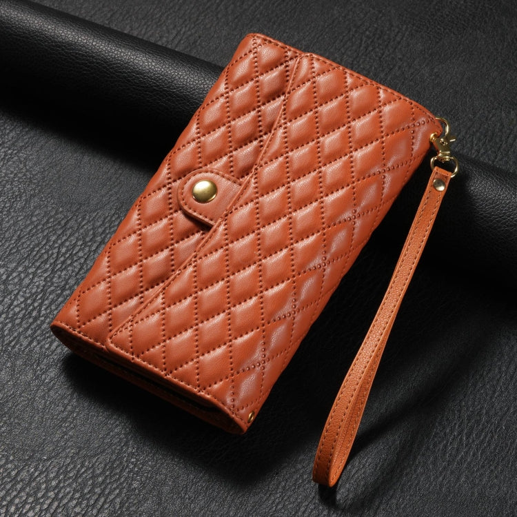 For Samsung Galaxy S23 Ultra 5G Zipper Multi-Card Wallet Rhombic Leather Phone Case(Brown) - Galaxy S23 Ultra 5G Cases by PMC TechLife | Online Shopping South Africa | PMC TechLife