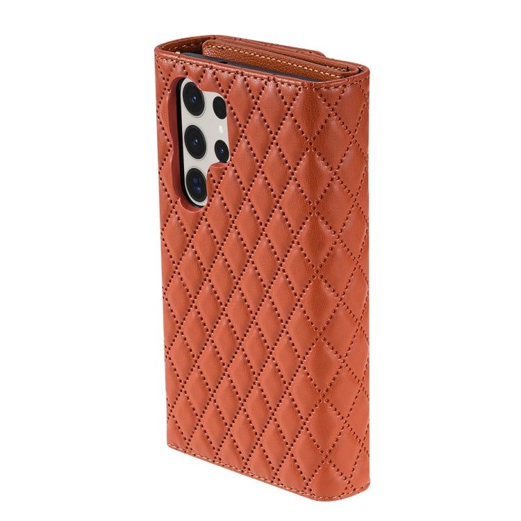 For Samsung Galaxy S23 Ultra 5G Zipper Multi-Card Wallet Rhombic Leather Phone Case(Brown) - Galaxy S23 Ultra 5G Cases by PMC TechLife | Online Shopping South Africa | PMC TechLife