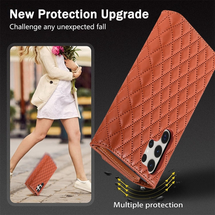 For Samsung Galaxy S23 Ultra 5G Zipper Multi-Card Wallet Rhombic Leather Phone Case(Brown) - Galaxy S23 Ultra 5G Cases by PMC TechLife | Online Shopping South Africa | PMC TechLife