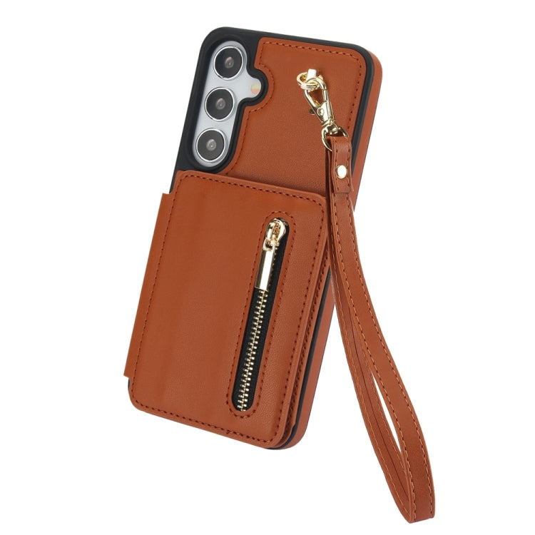 For Samsung Galaxy S24+ 5G YM006 Skin Feel Zipper Card Bag Phone Case with Dual Lanyard(Brown) - Galaxy S24+ 5G Cases by PMC Jewellery | Online Shopping South Africa | PMC Jewellery | Buy Now Pay Later Mobicred