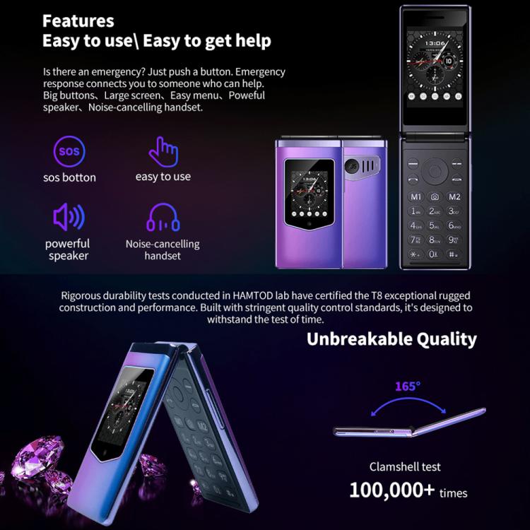 HAMTOD T8 4G Flip Phone, EU Version, 2.8 inch + 1.77 inch, VoLTE, BT, SOS, OTG(Purple) - free shipping - PMC TechLife - Order now!