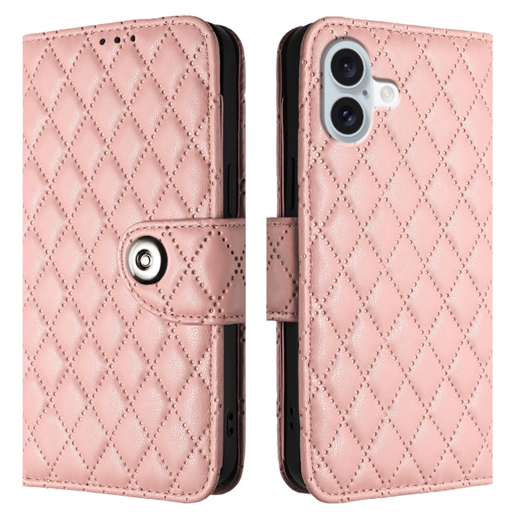For iPhone 16 Plus Rhombic Texture Flip Leather Phone Case with Lanyard(Coral Pink) - iPhone 16 Plus Cases by PMC TechLife | Online Shopping South Africa | PMC TechLife | Buy Now Pay Later Mobicred