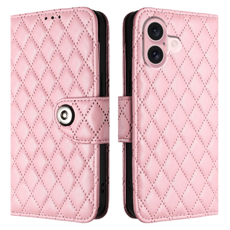 For iPhone 16 Rhombic Texture Flip Leather Phone Case with Lanyard(Pink) - iPhone 16 Cases by PMC TechLife | Online Shopping South Africa | PMC TechLife | Buy Now Pay Later Mobicred