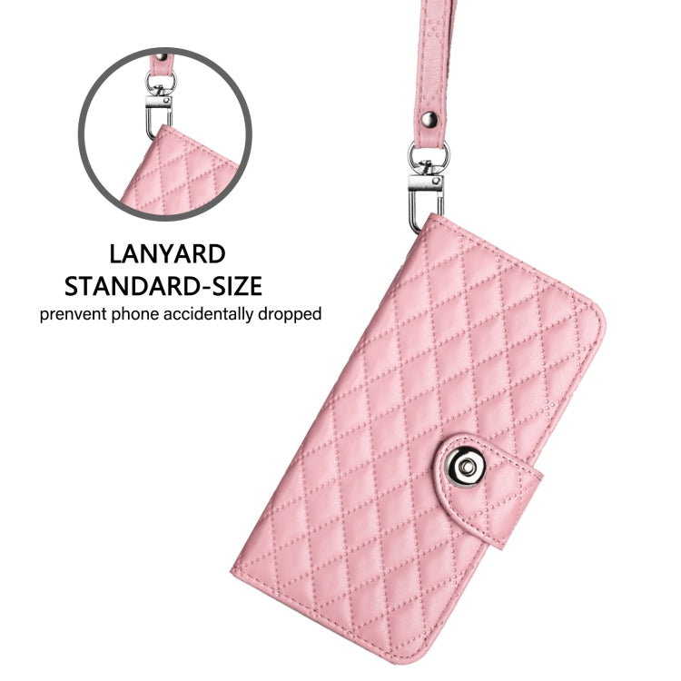 For iPhone 16 Rhombic Texture Flip Leather Phone Case with Lanyard(Pink) - iPhone 16 Cases by PMC TechLife | Online Shopping South Africa | PMC TechLife | Buy Now Pay Later Mobicred