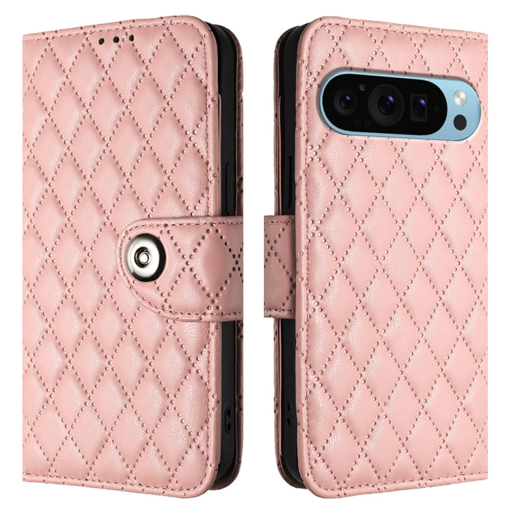For Google Pixel 9 / Pixel 9 Pro Rhombic Texture Flip Leather Phone Case with Lanyard(Coral Pink) - Google Cases by PMC TechLife | Online Shopping South Africa | PMC TechLife | Buy Now Pay Later Mobicred