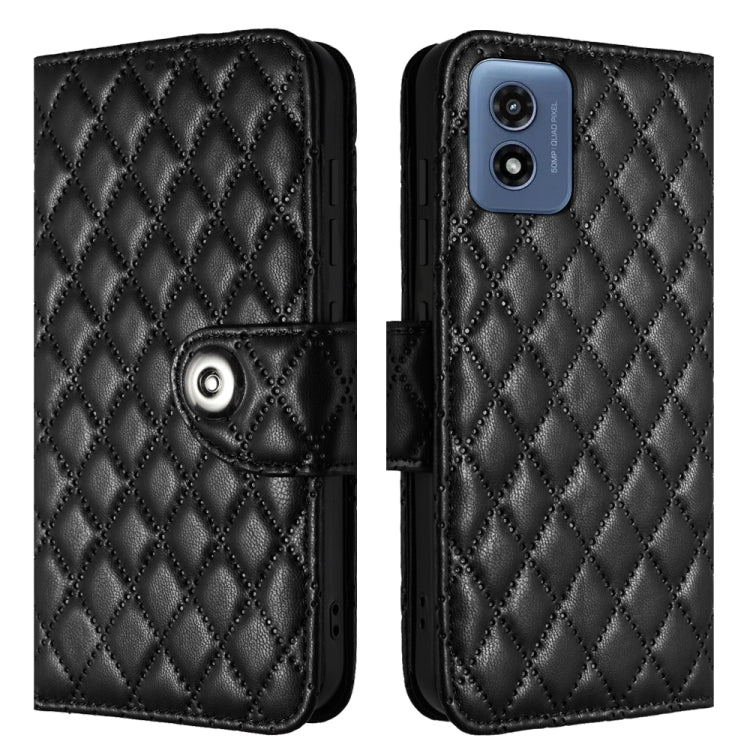 For Motorola Moto G Play 4G 2024 Rhombic Texture Flip Leather Phone Case with Lanyard(Black) - Motorola Cases by PMC Jewellery | Online Shopping South Africa | PMC Jewellery | Buy Now Pay Later Mobicred